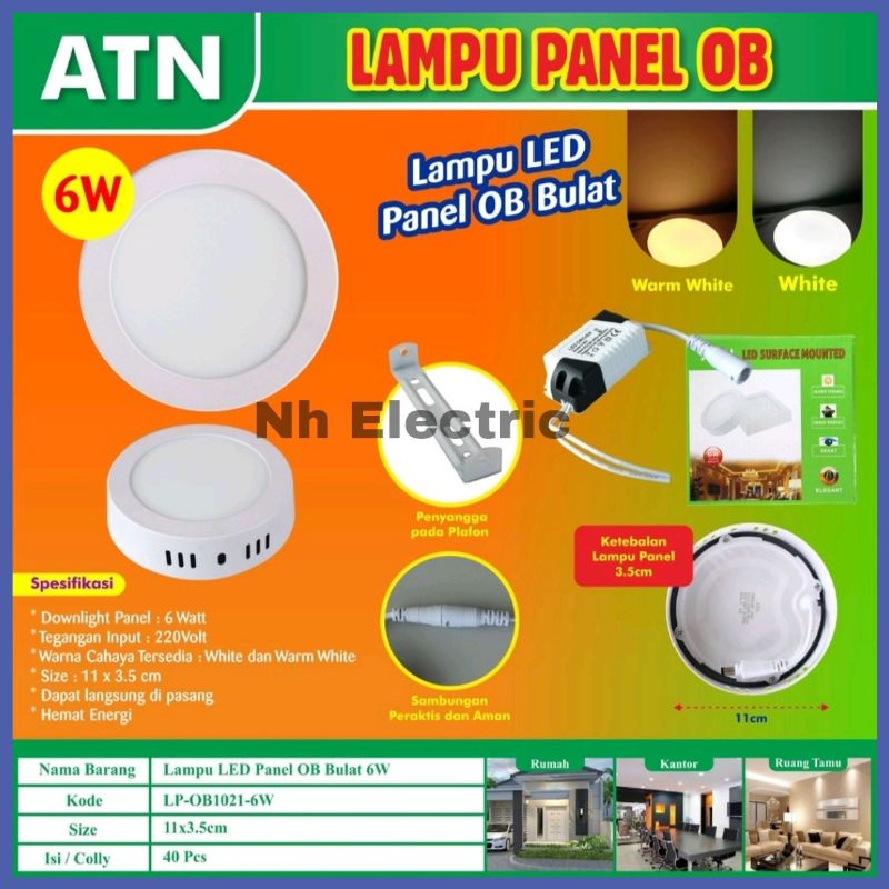 Led Panel 6W OB Bulat Putih Atn - Lampu Downlight 6 Watt Outbow Tempel Bulat White Tipis/Slim Atn SNI