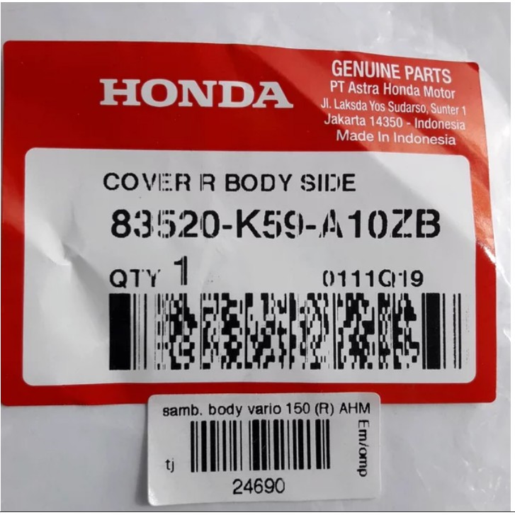 83520-K59-A10ZB Sambungan Cover Body Samping Kanan Vario 125 150 Led 2016 2017 100% Original Honda