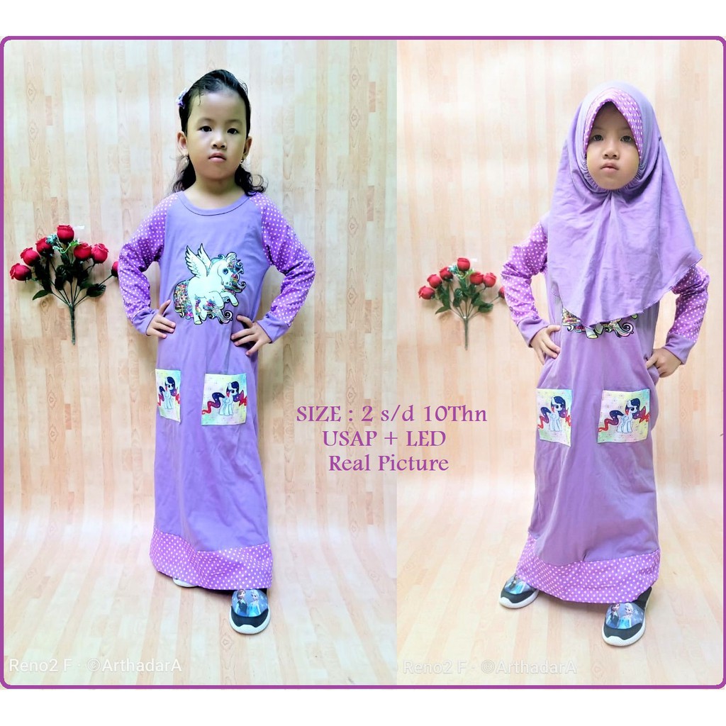 Baju Muslim / Gamis Anak Perempuan Kuda Pony LED + USAP dan Jilbab 4thn s/d 11thn (Real Picture)