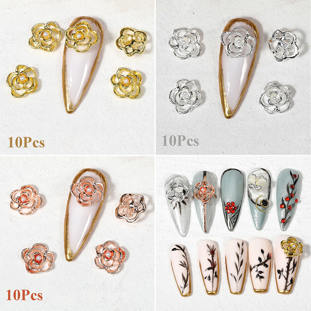 CHARMS 10 Pcs Perhiasan Kuku Berlian Imitasi 3d Bentuk Bunga Mawar Warna Emas Perak Bahan Alloy Untuk Dekorasi Manicure