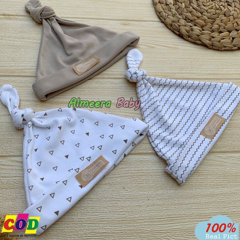 Bahan Katun TC - 3 PCS Kupluk Bayi Topi Bayi Baru lahir Usia 0-3 Bulan Serian Cream Almeera Baby and Kids