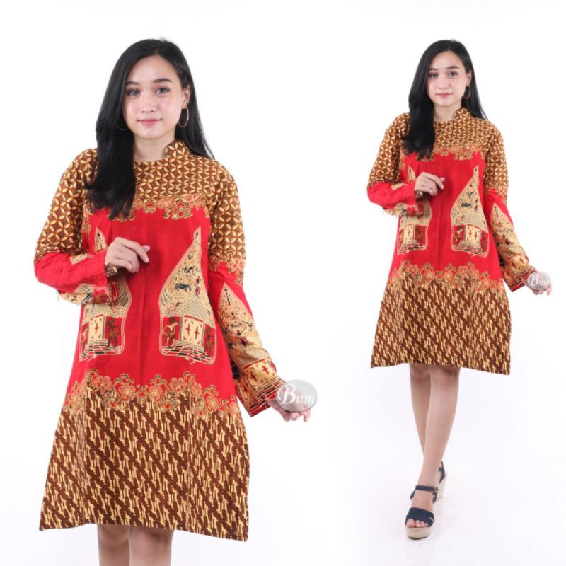 Kemeja batik Wanita Tunik Motif Wayang merah