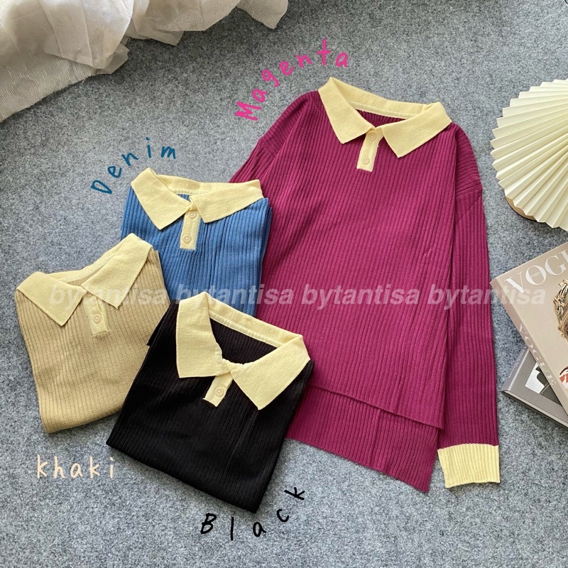 BLOUSE RAJUT POLO KOMBINASI KANCING HIDUP POKO