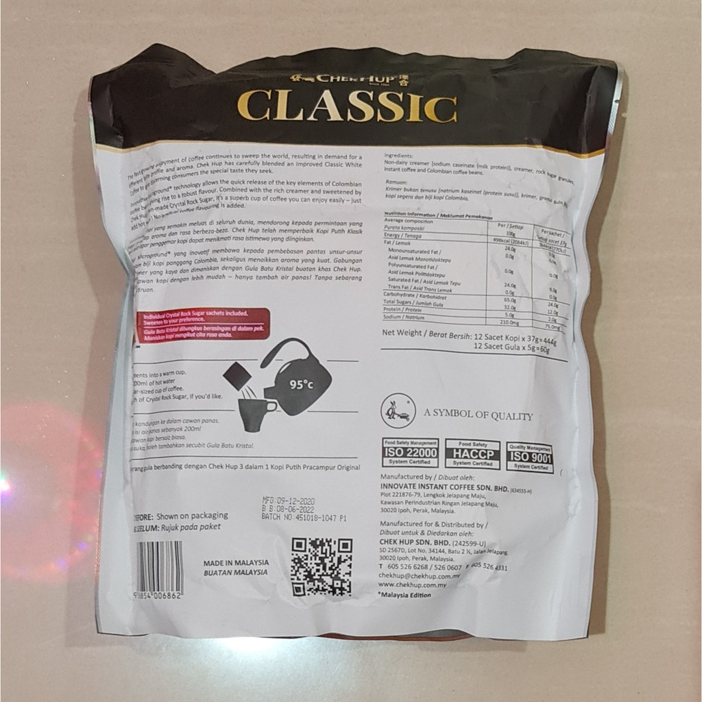 Kopi Chek Hup Classic 3in1 Kopi Pracampur Less Sugar 12 x 37 Gram