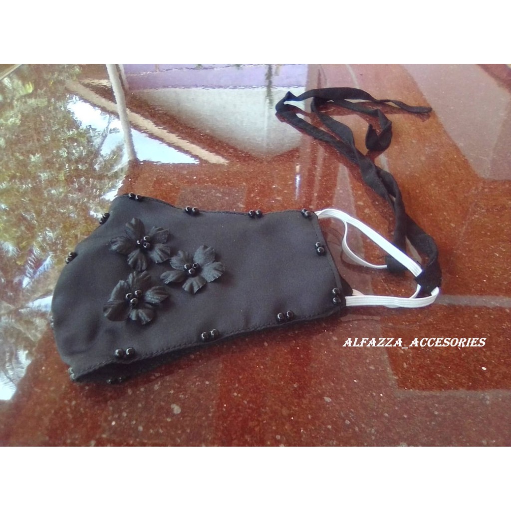 [hitam] masker akad hitam mutiara/ masker akad pengantin headloop/ masker premium/ masker wedding