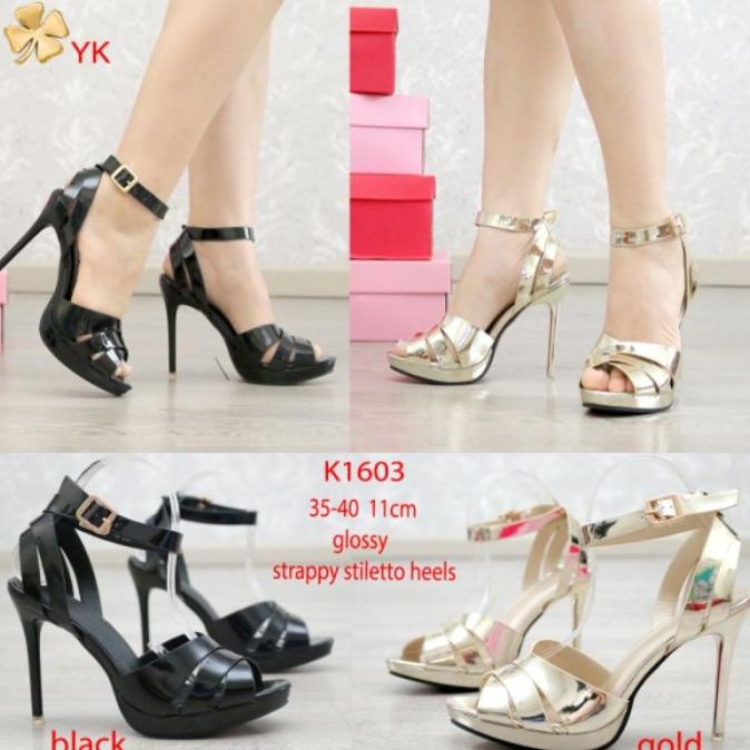 YKshoes 1603 strappy heels 11cm gold black sepatu hak tali stiletto Termurah