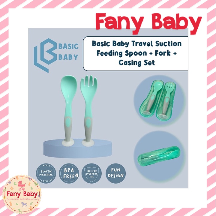 BASIC BABY TRAVEL SUCTION FEEDING SPOON + FORK + CASING SET