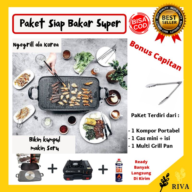[ PROMO ] [ BISA COD] Paket lengkap siap bakar super kompor mini Portable multigrillpan multi grill 
