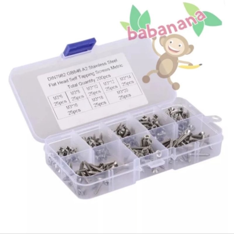 200pcs M3 baut kayu kasar wood screw nail mur perkakas tapping