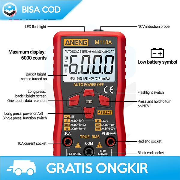 SMART MULTIMETER DIGITAL AVOMETER ANENG 65x25x120MM 6000 COUNT AC/DC