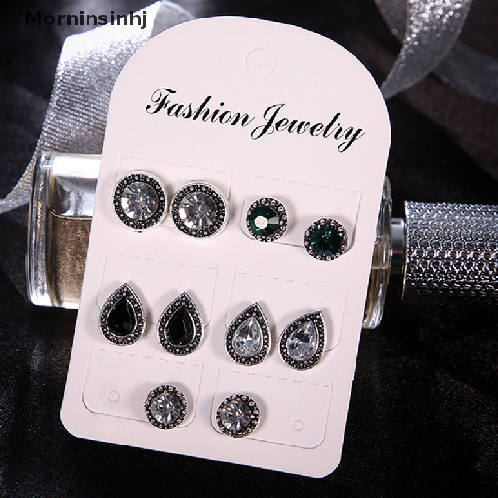 Mornin 5pasang /Set Boho Water Drop Kristal Berlian Imitasi Stud Anting Wanita Pesta Perhiasan id