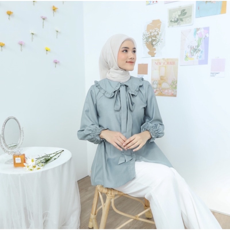 Aghnia Blouse - Basic blouse NEW lengan panjang korean style size M warna Sage Green