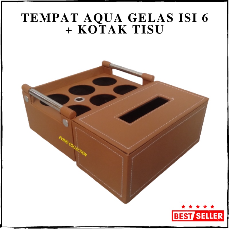 Tempat Aqua Gelas Isi 6 Cup + Kotak Tisu Kulit Sintetis Keranjang Air Mineral Tempat Tissue