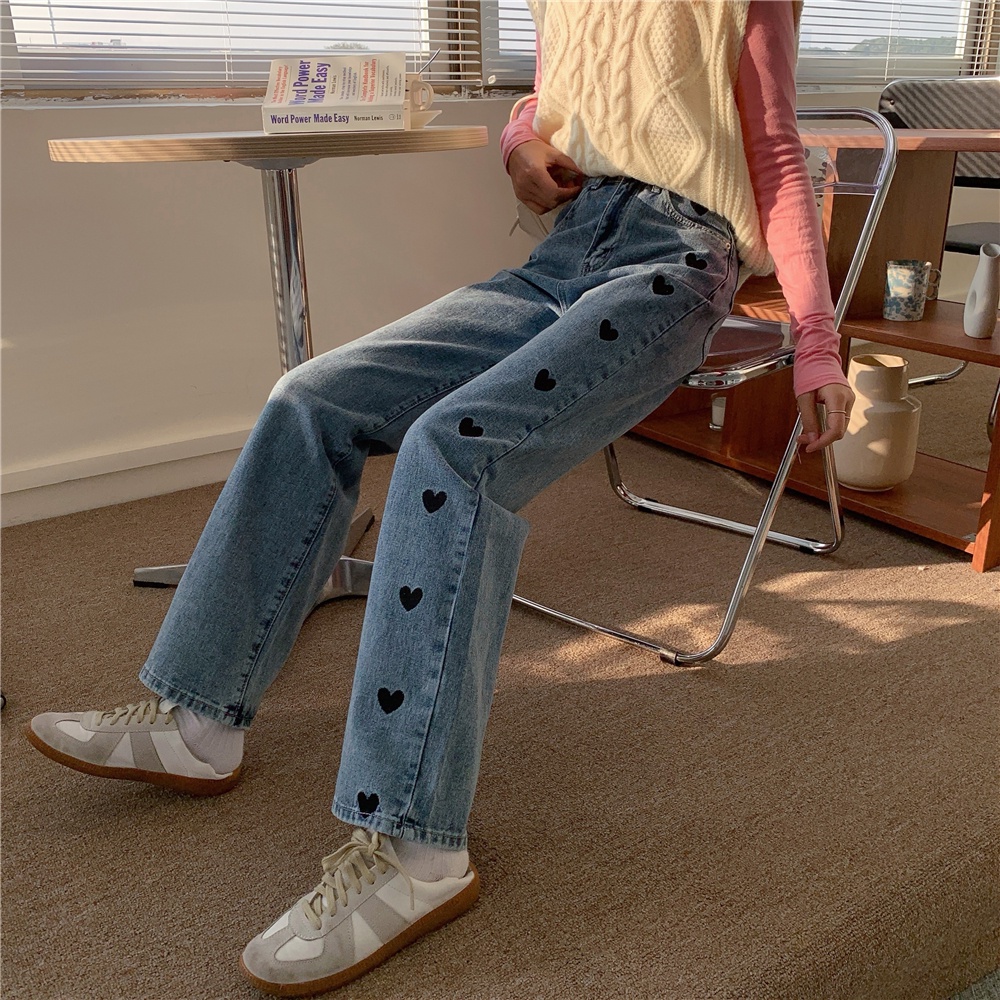 high-waist straight-leg wide-leg jeans celana highwaist wanita /Heart Embroidery Celana Jeans