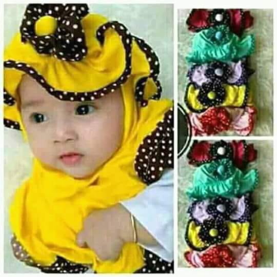 SD - JILBAB ANAK TOPI LIST POLKA 0-3 TAHUN BAHAN JERSEY ADEM KERUDUNG BAYI HIJAB INSTAN