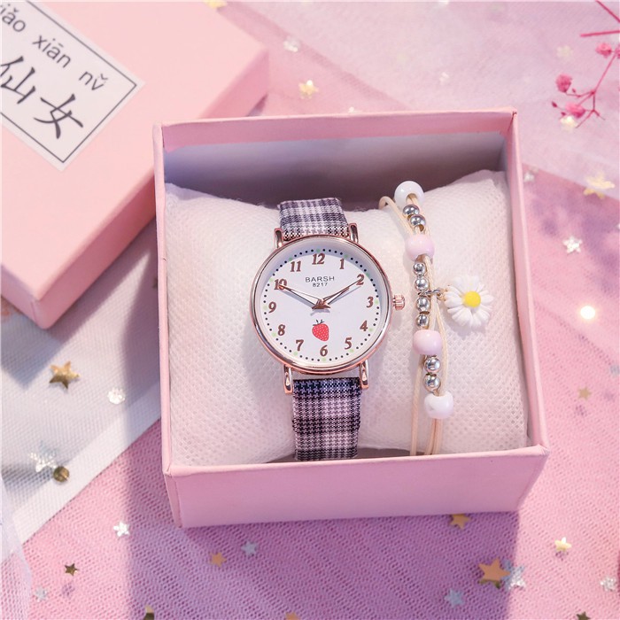 ✅COD [BBS] Jam Tangan Wanita Quartz Analog Motif Strawberry Tali Kotak Lucu Korean Fashion Import