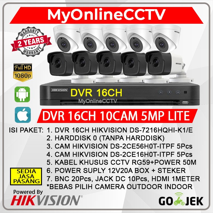PAKET HIKVISION CCTV 10 KAMERA 5MP LITE DVR 16CH