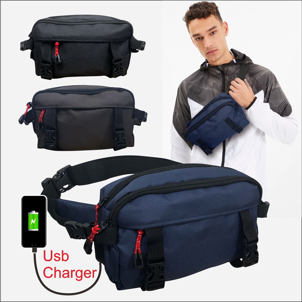 ART 8809 - Selempang Polos Fitur Usb Port Charger HP Bisa Untuk Tas Sepeda Untuk Pria Wanita Unisex Slingbag Bahu Vintage Series