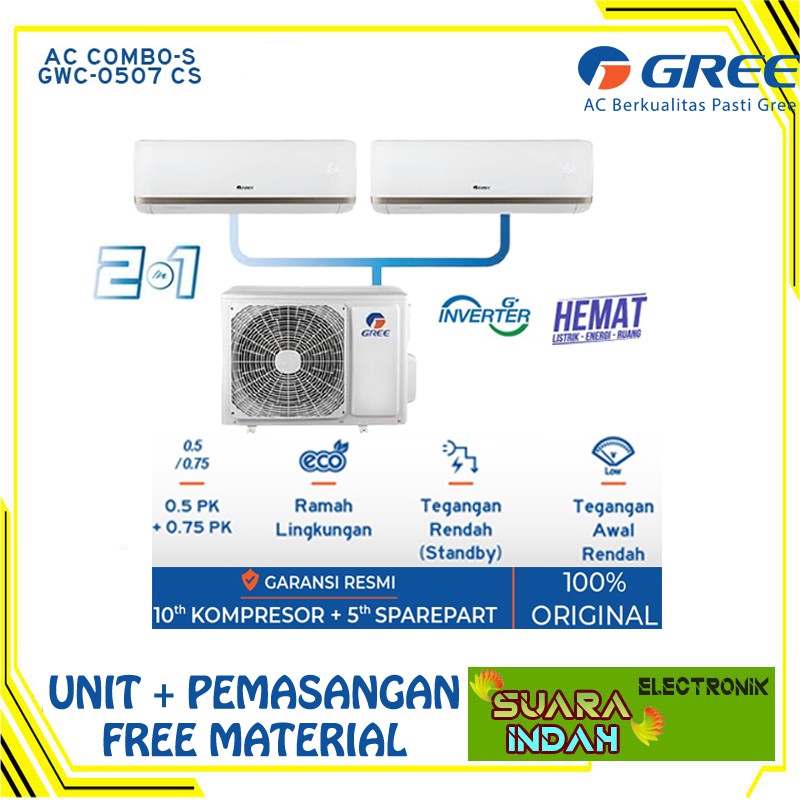 AC GREE COMBO SPLIT INVERTER GWC-0507(½PK+¾PK) PLUS PEMASANGAN