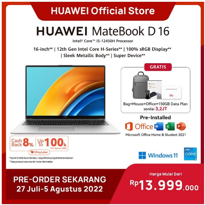 Huawei Matebook D16 i5/i7 | Laptop | 16/512 | 16inc | Intel core gen 12th | Body Metal