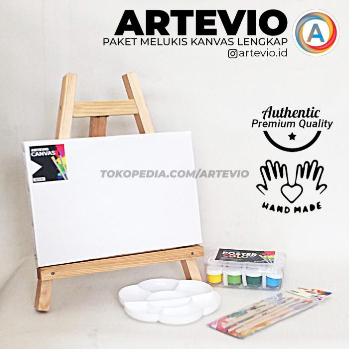 Paket Lukis Mini Polos / Paket Kanvas Lukis Cat Easel Palet Dan Kuas - 30 X 20