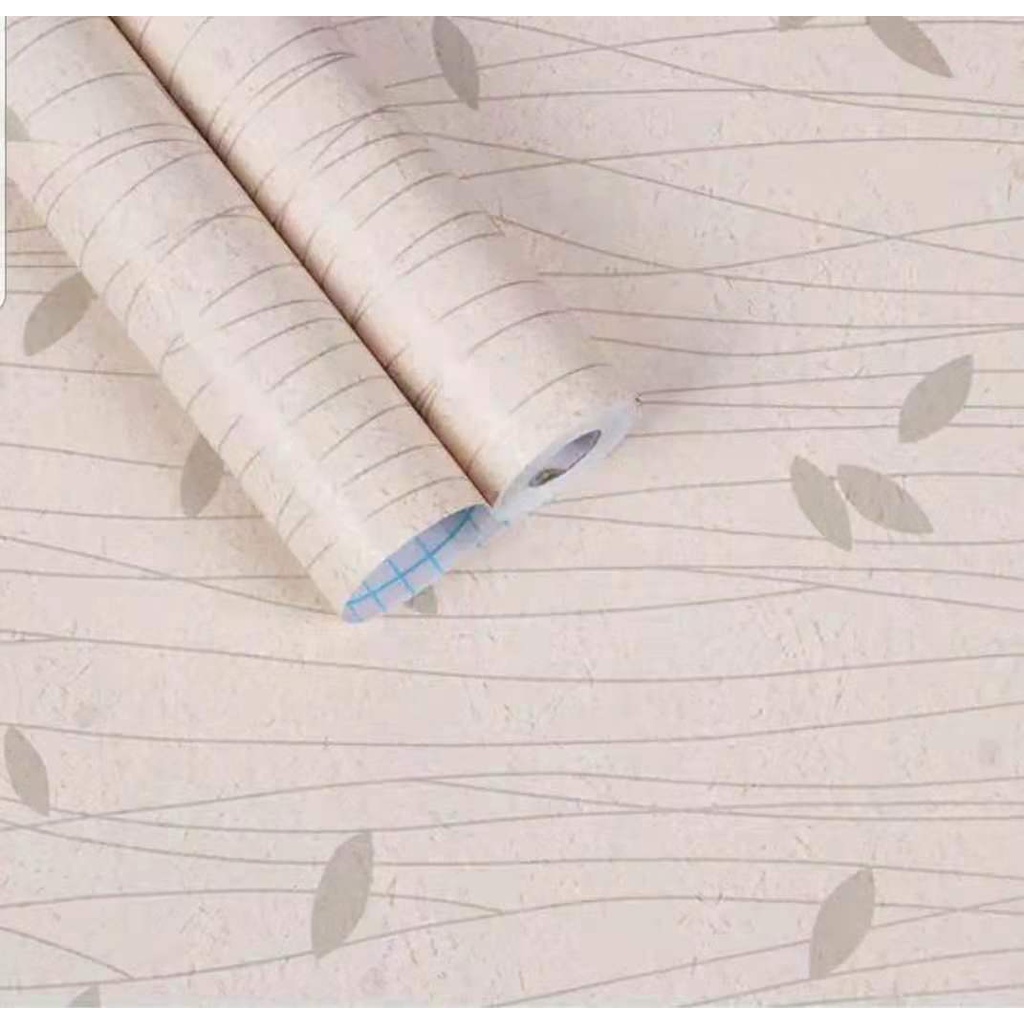 WALLPAPER STICKER DINDING ULIR DAUN SILVER DASAR KRIM