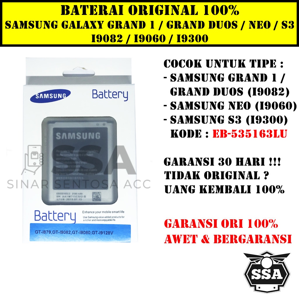 Baterai Original 100% Samsung Galaxy Grand 1 Duos I9082 Grand Neo I9060 S3 I9300 Batrai Batre HP ORI