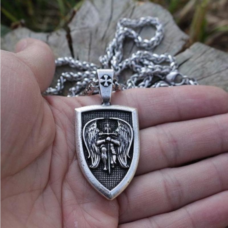 Kalung Rantai Liontin Sayap Malaikat Saint Michael Gaya Punk Untuk Pria