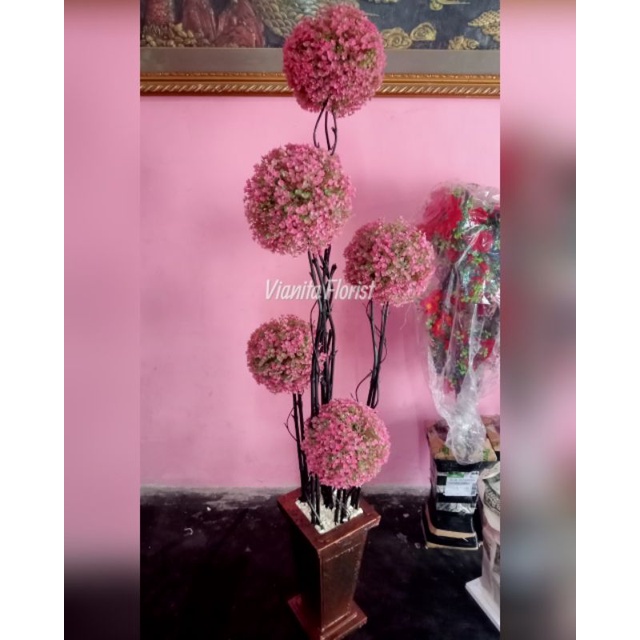 Bonsai import bunga hias sudut ruangan besar bola bola grassball pink