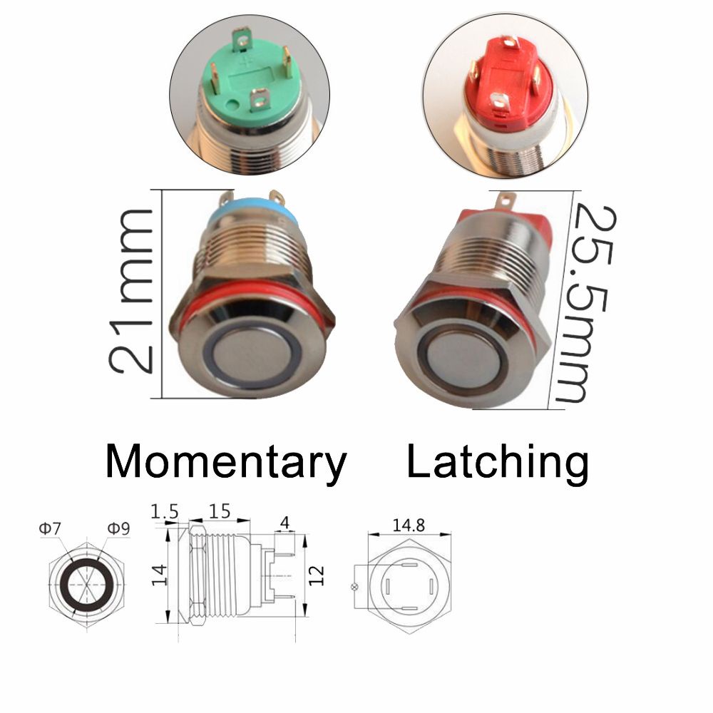TOP Waterproof Momentary/Latching Red Blue Green Yellow White LED Metal Button Switch New 3V 5V 9V 12V 24V 110V 220V Push ON/OFF 12mm/Multicolor