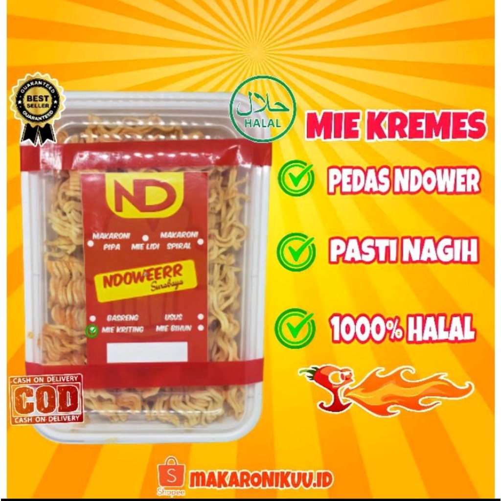 

Camilan Mie kremes Pedas Ndower Kemasan 250g, Cemilan Mi Gemes Kremez, mie kremes pedas, Mie kremes enak