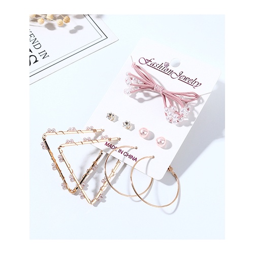 LRC Perhiasan Set Fashion Golden Bowknot Pearl Rhinestone Wrap Earrings Hairband Set Y64126