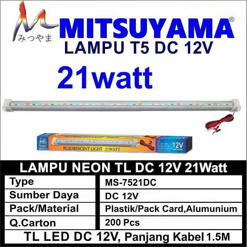 Lampu Neon TL Aki 21 Watt / DC 12V / Panjang 60 CM / 45 LED MS-7521DC Mitsuyama Bohlam SMD Putih