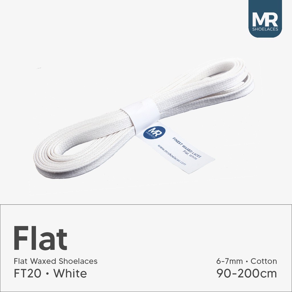 MR Shoelaces FT20 White (Putih) Tali Sepatu Lilin 6-7mm Gepeng Flat Pipih (Waxed Laces) 90cm 100cm 120cm 150cm 200cm - untuk Sneakers - Premium Shoelace