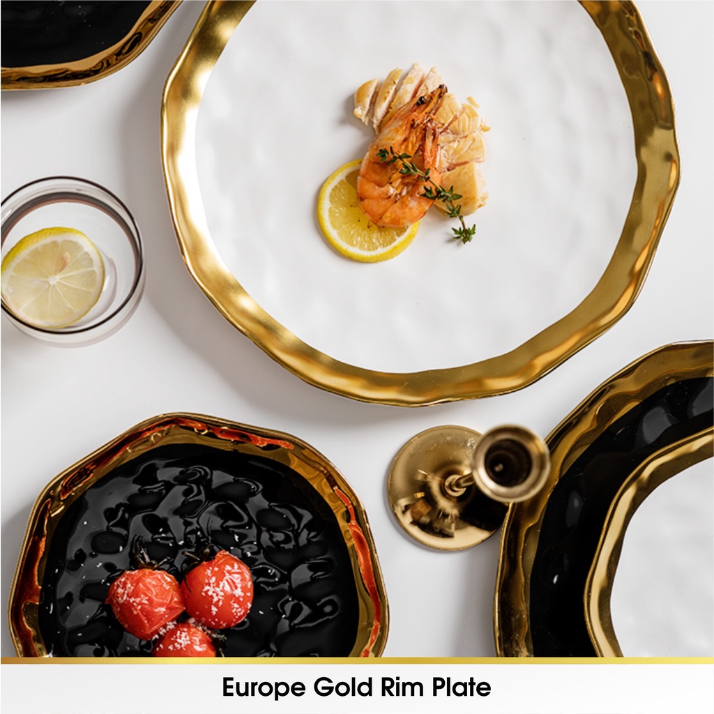 European Style Gold Piring Rim Matte Plate Makan Keramik Salad Fine Dining Cantik Ceramic Mewah