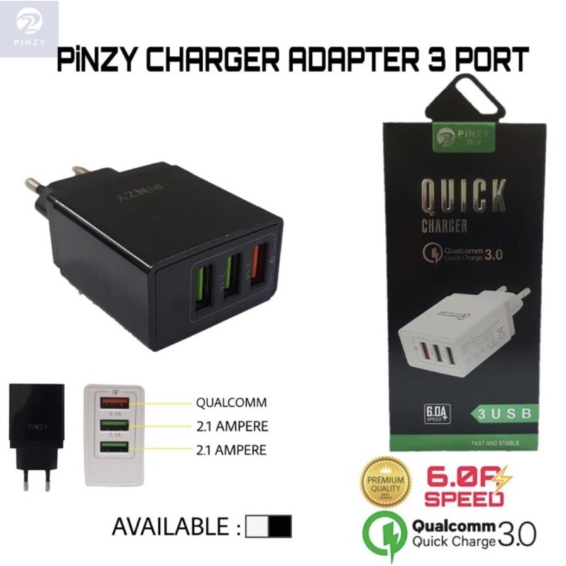 PINZY Adaptor 3 Pot Usb Superfast Charger T19 Series Support Qualcomm - Adaptor Charger T19