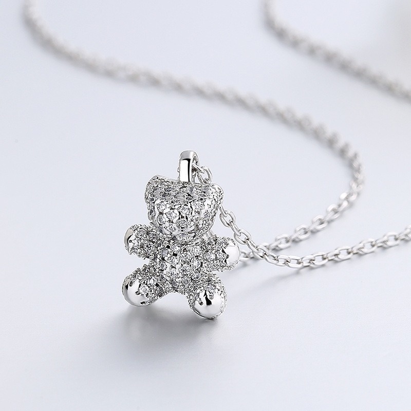 Kalung Rantai Sterling Silver 925 Dengan Liontin Beruang Hias Berlian Imitasi Untuk Wanita