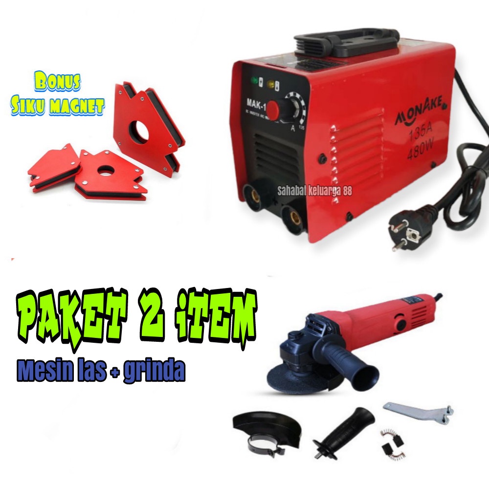 PROMO paket !! Mesin Las Inverter MMA 135A IGBT 480 watt merk MONAKE + GERINDA 4 INCH / Mesin las / Mesin trafo las / welding + BOR 10m FREE siku magnet