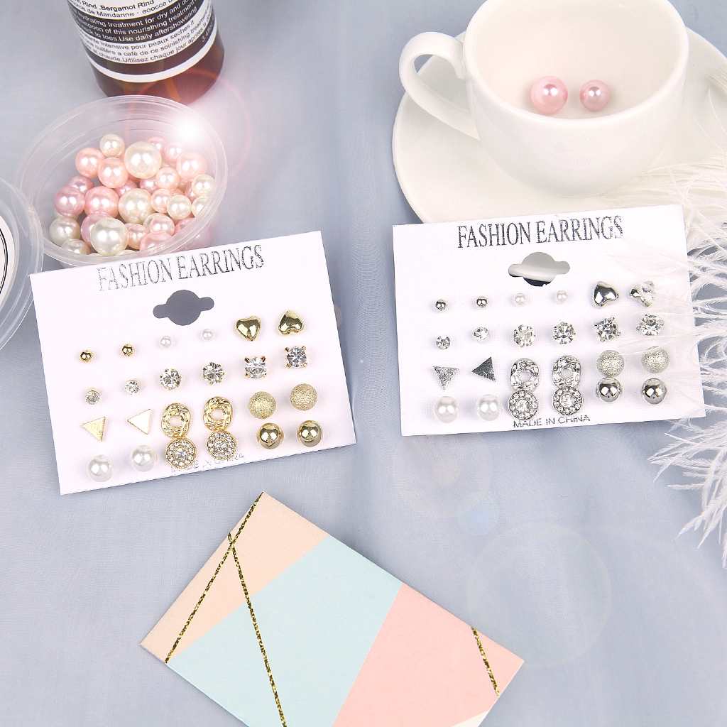 12 Pasang / Set Anting Stud Kristal Buatan Bahan Alloy Warna Emas Perak Untuk Wanita