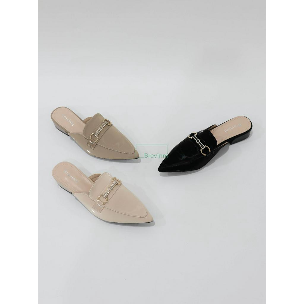 Brevinni Kirana Mules || Sepatu Mules Wanita Kulit Glossy  Ujung Lancip Tapak Karet Anti Slip dan An