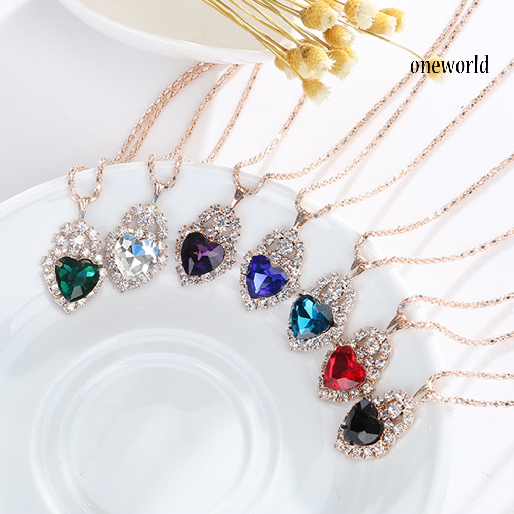 OW@ Wedding Heart Pendant Rhinestone Inlay Necklace Earrings Ring Bridal Jewelry Set