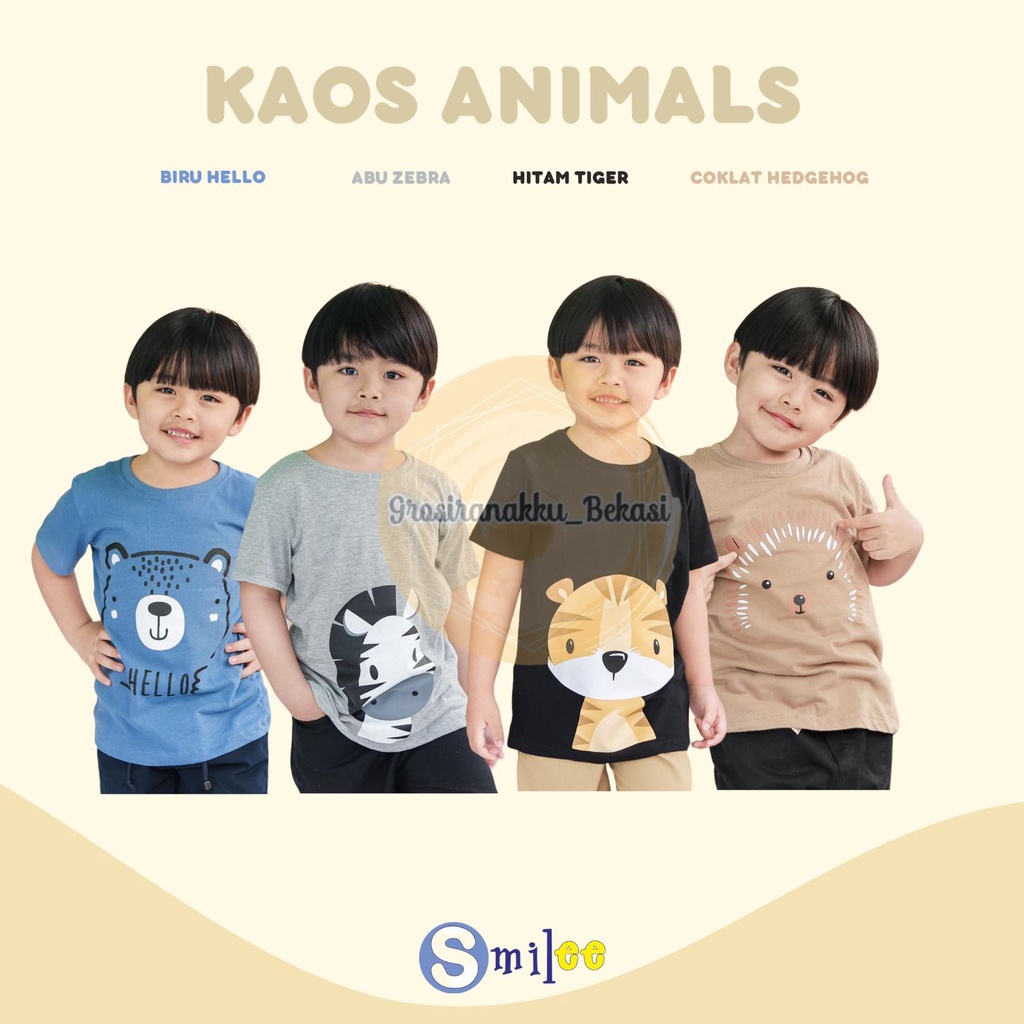 Kaos Anak Cowok Smile Murah Animals Mix Motif Size 1-5 Tahun