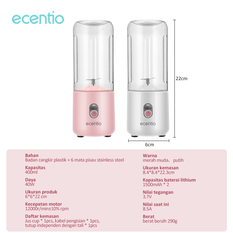 ecentio &amp; FOODI blender mini 6 Mata Pisau blender portable juicer portable blender mini 400ml/Mini Blender USB Rechargeable