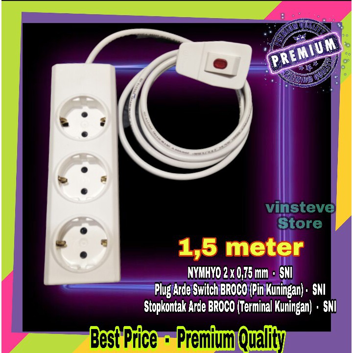 Stop Kontak Kabel BROCO 3 Lubang 1,5 Meter + Steker Saklar