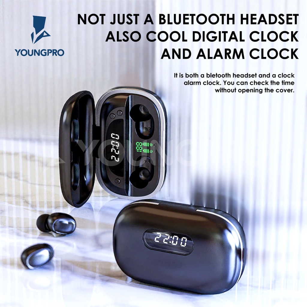 YOUNGPRO TWS DELTA Earphone Wireless Bluetooth With PowerBank Case Portable Flaslight Jam &amp; Alarm