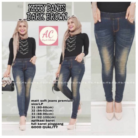 KITTY || Galea/simy D brown jeans pinggang full karet aplikasi laser