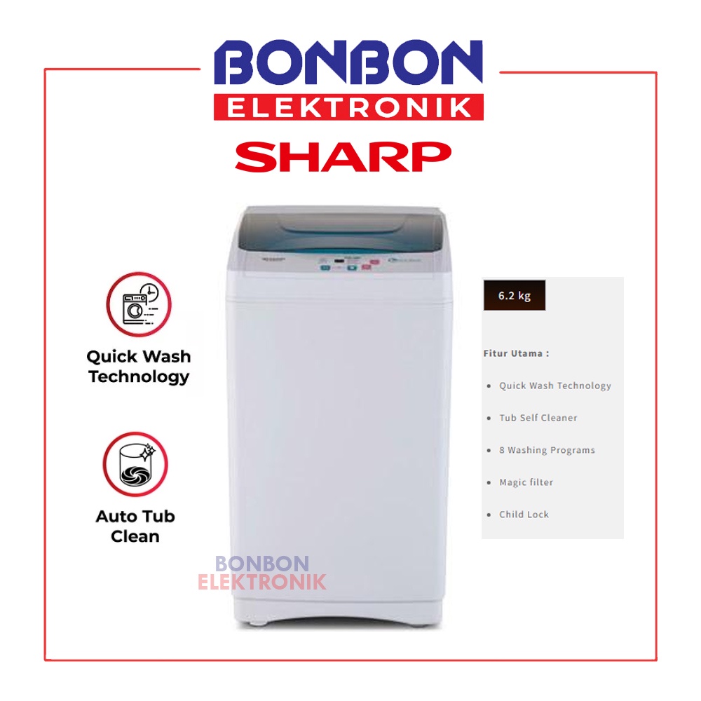 Sharp Mesin Cuci 1 Tabung 6.2KG ES-G865P-G Top Loading 6.2 KG