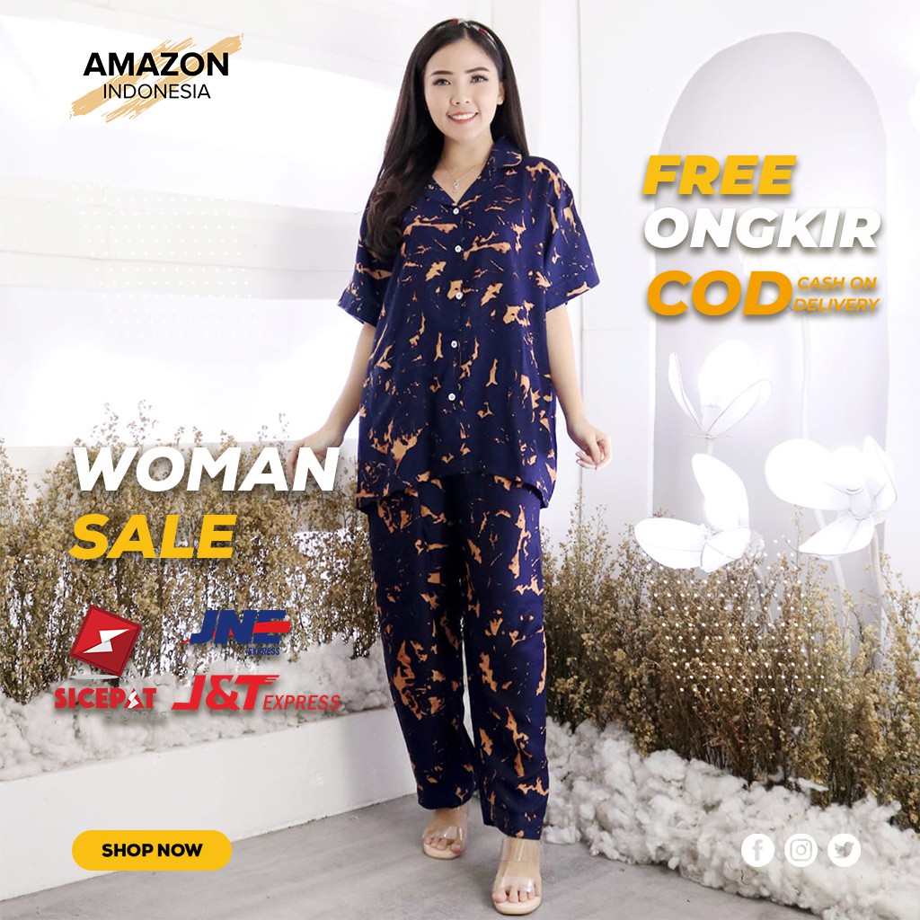 PIYAMA CEWEK LENGAN PENDEK CELANA PANJANG WARNA NAVY BAHAN RAYON DINGIN TEBAL IMPORT GOOD QUALITY