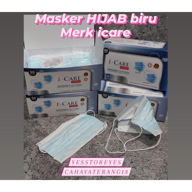 READY MASKER HIJAB HEADLOOP BIRU BLUE 3 PLY MERK ICARE I CARE HIJAB BESCO HIJAB BIU HIJAB HITAM BESCO ISI 50 LBR PER BOX FACE MASK HIJAB TALI SILANG PANJANG