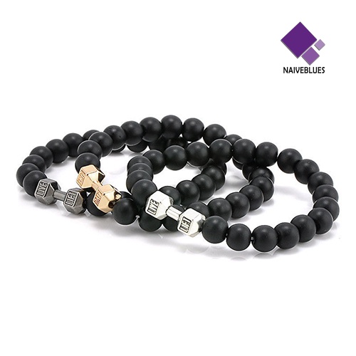 Naiveblue &gt; Gelang Tangan Unisex Dewasa Manik Batu Hitam Matte Adjustable Untuk Fitness / Gym